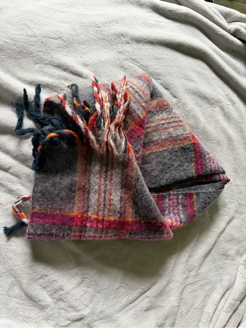 Kids Gray Plaid Hat with Pink & Orange Stripe Accents